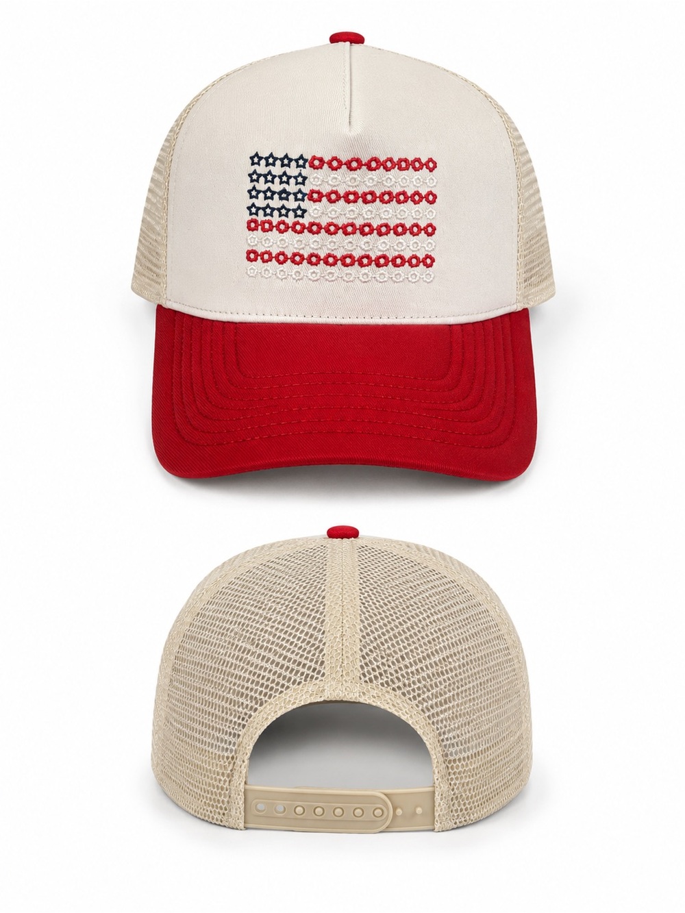 Red White/Beige American Flag Trucker Hat Snapback Adjustable Mesh Cap